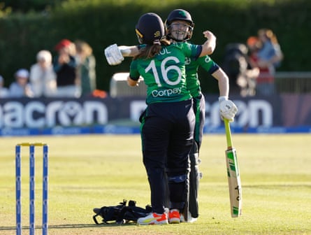 Ireland’s Coulter Reilly and Leah Paul celebrate after victory against Ireland.