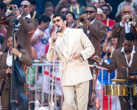 Ice cool … Bad Bunny fronting the salsa band in part one of his stadium show.