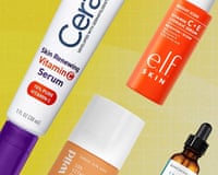 Composite image of four vitamin C serum products on yellow background