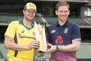 Australian captain Steve Smith and Eoin Morgan pose with the one-day series trophy. Australian captain Steve Smith and Eoin Morgan pose with the one-day series trophy.