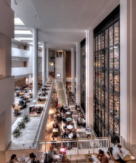 The cafe of the British Library with the King’s Library to the right.