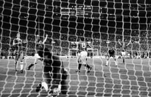 Arnold Muhren (No 8) turns away after slotting the ball home from the spot as his teammates celebrate Manchester United’s fourth and final goal in their victory over Brighton and Hove Albion in the 1983 FA Cup final replay at Wembley Stadium.