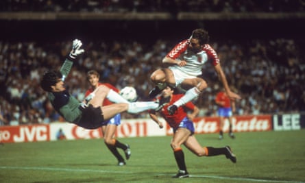 Spain goalkeeper Luis Arconada makes a flying save from Denmark’s Preben Elkjaer in an epic Euro 84 semi-final at Stade de Gerland in Lyon. Elkjaer missed the decisive penalty after a thrilling 1-1 draw