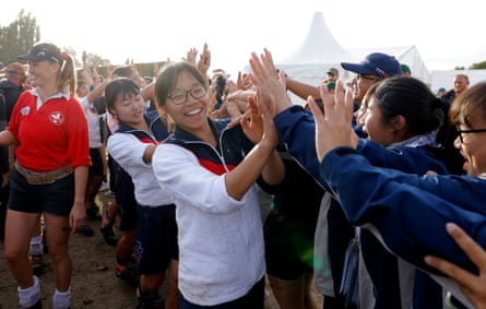 The Chinese Taipei women’s 500kg team are welcomed by their supporters after victory in the final over Switzerland.