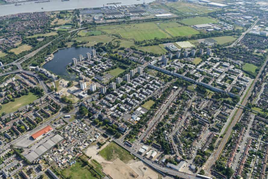 An aerial view of the area, which lies south of the  Thames.