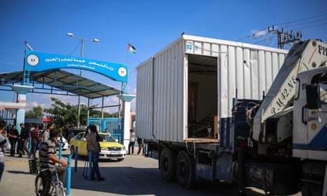 A prefabricated structure is transported after the handover ceremony of border crossings at Erez, Gaza, on Wednesday.