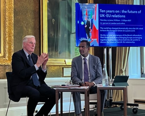 Michel Barnier talking in London at UK in a Changing Europe Brexit anniversary conference