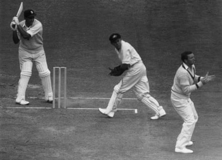 Subba Row batting against Australia at the Oval, south London, with opposition wicketkeeper Wally Grout and captain Richie Benaud, August 1961.