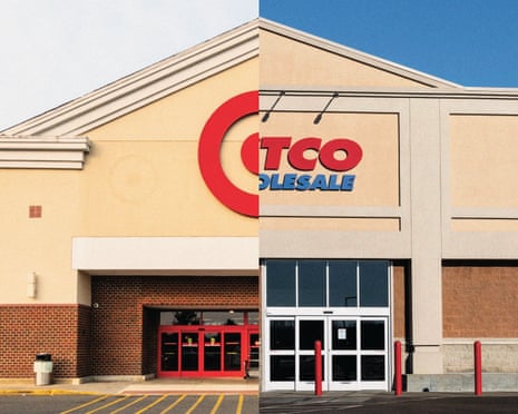 A composite image of, on the left half, the front of a Target, and on the right, the front of a Costco.