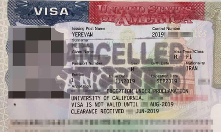 F-1 visa belonging to an Iranian student accepted to study in California cancelled at the US embassy in Yerevan.