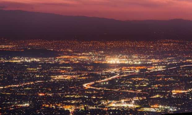 Panoramic night view of urban sprawl in San Jose, Silicon Valley, California.