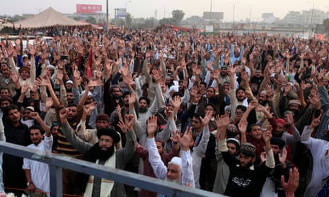 Members of the Tehreek-e Labaik Pakistan party shout slogans during the sit-in.