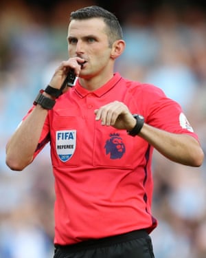Peep Peep Peep! Premier League referee Michael Oliver blows his whistle.