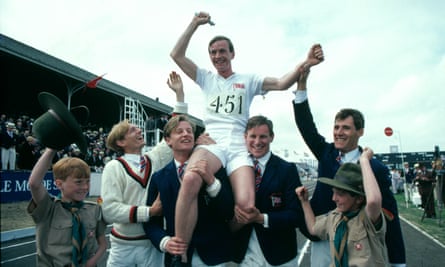 A victorious Ian Charleson as Eric Liddell celebrating gold in the 400m, filmed on the Wirrall