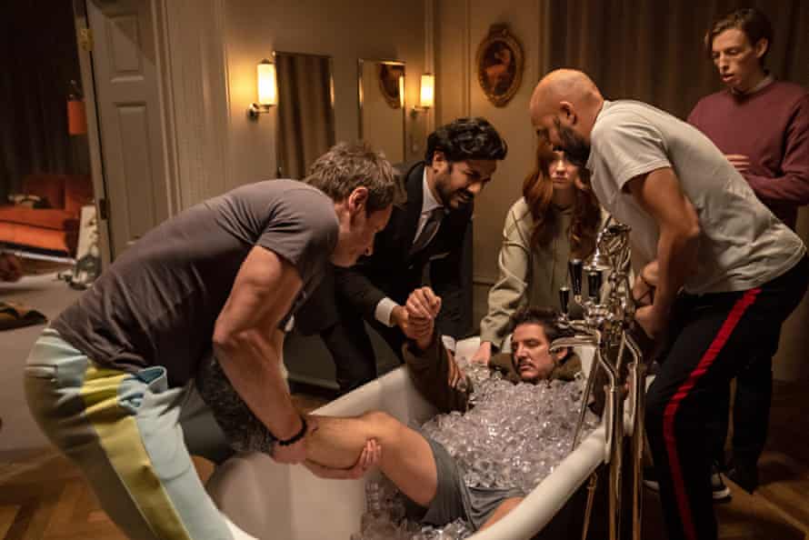 Manic energy … in the Judd Apatow film The Bubble, with, from let, David Duchovny, Vir Das, Pedro Pascal, Karen Gillan and Keegan-Michael Key.