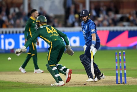 Joe Root of England looks back after being stumped by South Africa wicket keeper Ryan Rickelton.