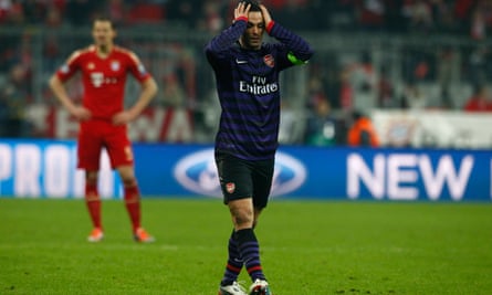 Mikel Arteta looks dejected after Arsenal’s defeat to Bayern Munich in 2013
