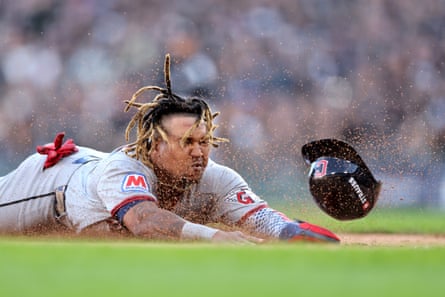 The Guardians’ José Ramírez steals third base against the White Sox during the fifth inning of Game 3 of their American League Division Series at Rate Field in Chicago on Wednesday.