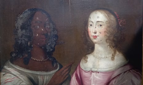 A painting of two women, one black and one white, with faces dotted with beauty patches