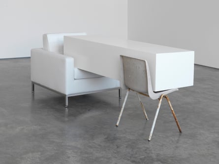Transfer (White) with armchair (2011) by Angela de la Cruz.