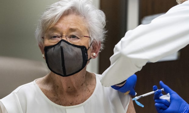 Governor Kay Ivey of Alabama receives her second Covid-19 vaccine shot in Montgomery in January. Last week she said it was time to start blaming unvaccinated people for refusing to get the shot.