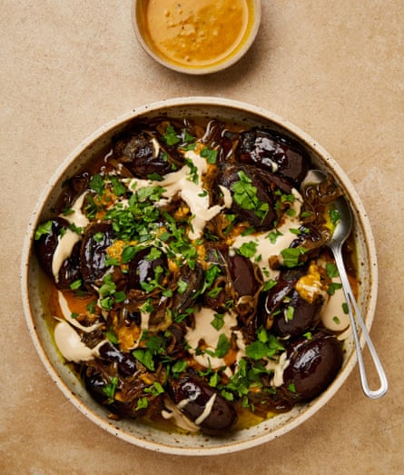 Yotam Ottolenghi’s baby aubergines with amba and tahini.