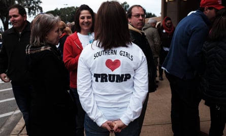 A Trump supporter in a "Southern Girls <3 Trump" shirt waits to hear the president speak in Biloxi, Mississippi on 2 January, 2016.