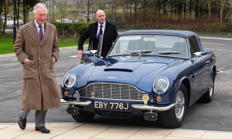 Prince Charles is seen with his Aston Martin DB6, during his visit to the new Aston Martin Lagonda factory in February 2020, in Barry, Wales.