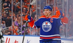Edmonton Oilers forward Connor McDavid celebrates after scoring a goal during the third period against the Nashville Predators at Rogers Place on Saturday.