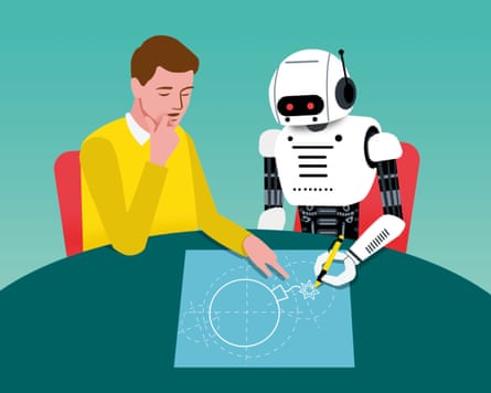 Illustration of a person and a robot drawing a picture of a bomb