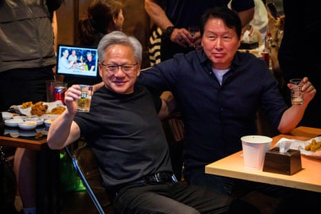 Nvidia founder and CEO Jensen Huang dining with SK Group chairman Chey Tae-Won at Kkanbu Chicken.