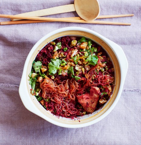 Meera Sodha’s clay pot noodles with beetroot, walnut and smoked tofu.