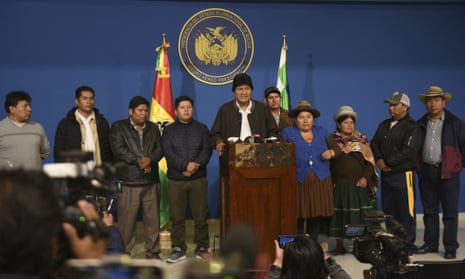 The Bolivian president, Evo Morales, makes a speech at the presidential hangar in El Alto on Sunday