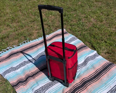 red rolling cooler sitting on blanket in grass