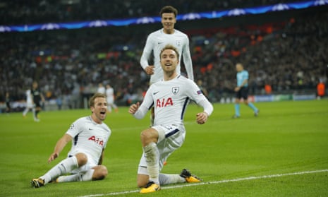 Christian Eriksen, right, celebrates scoring Tottenham’s third goal with Harry Kane, left, and Dele Alli. 