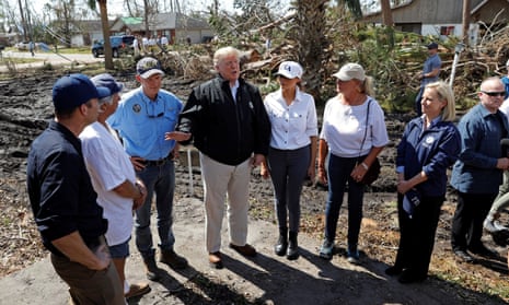 Donald Trump and the first lady visit areas in Lynn Haven, Florida, devastated by Hurricane Michael. They were joined by Fema Director Brock Long, Florida Governor Rick Scott, Lynn Haven Mayor Margo Anderson and Department of Homeland Security Secretary Kirstjen Nielsen.