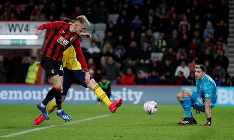 Bournemouth’s Sam Surridge slots the ball home.