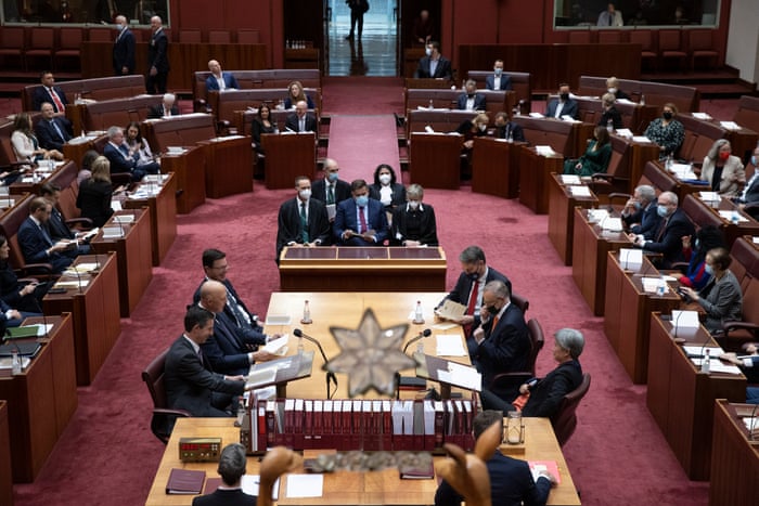 The Prime Minister Anthony Albanese and leader of the Opposition Peter Dutton sit with their colleagues during the joint sitting