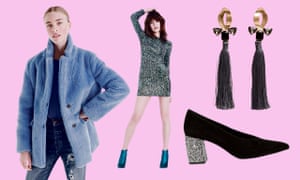 Going out-out-out in (clockwise from left): The Teddy coat in plush fleece, £275, J Crew; Parisian green iridescent sequin dress, £34.99, New Look; micro bead tassel earrings, £12.99, Mango; rhinestone suede pump, £89, & Other Stories