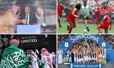 (Clockwise from top left) Mohammed Bin Salman and Putin in 2018; Saeed al-Owairan scoring at the 1994 World Cup; Saudi hosting the Supercoppa Italia in 2019; Saudi Arabia definitely not buying Newcastle United in 2021.