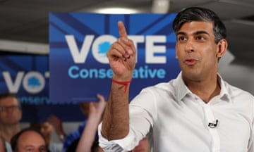 Rishi Sunak pointing a finger in front of a Vote Conservative placard