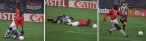 Manchester United’s Dwight Yorke get past Juventus goalkeeper Angelo Peruzzi and Andy Cole taps the ball in to scor.