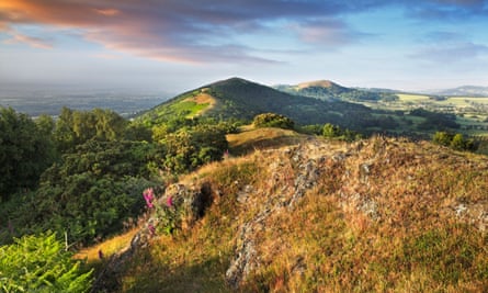 View of countryside looking south along the Malvern Hills from the lower slopes of Worcester Beacon towards Herefordshire Beacon.