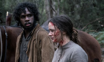 Baykali Ganambarr as Billy and Aisling Franciosi as Clare in Jennifer Kent’s 2019 film the Nightingale.