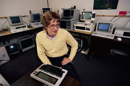 Bill Gates in 1983 in a room full of computers.