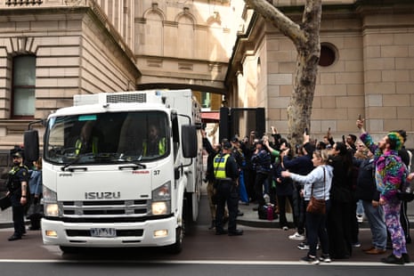 A prison van carrying Erin Patterson leaves the Supreme Court of Victoria in Melbourne, Monday, September 8, 2025. (AAP Image/Joel Carrett)