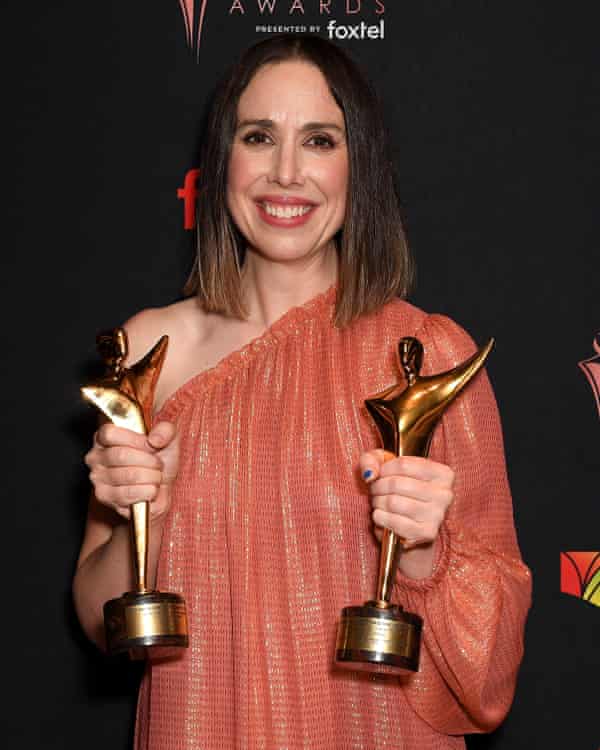 Alison Bell back stage with both her prizes for the Letdown.