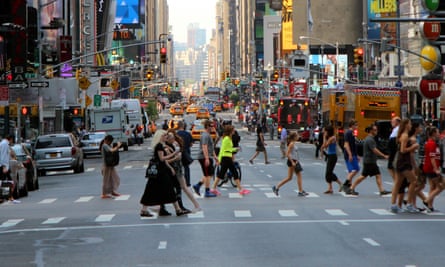 A busy street scene in Manhattan, New York City, US. Looking south along 7th Avenue.