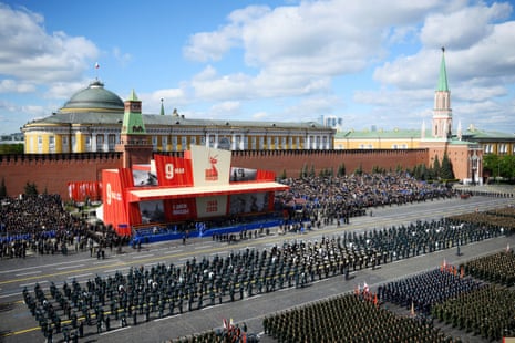 Military troops stand in formation in Red Square before the Victory Day military parade in Moscow, Russia.