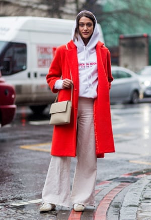 Actress Sophie Hopkins at London fashion week, January 2017, demonstrates the hoodie tuck